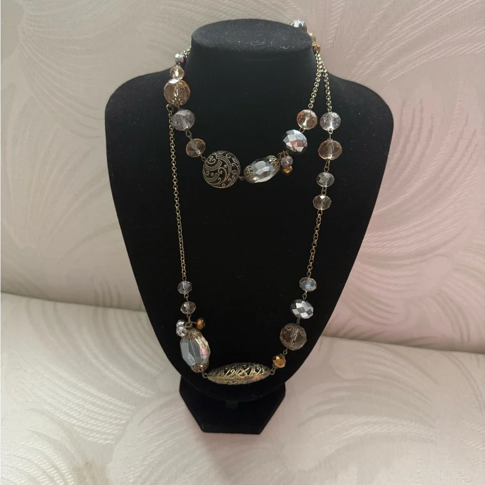 Vintage Opera Length Necklace Brass and Crystals 36”